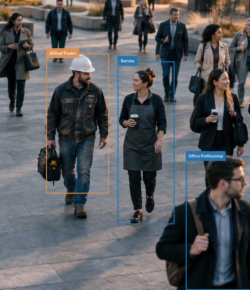 A crowd of working professionals with an audience-identification overlay